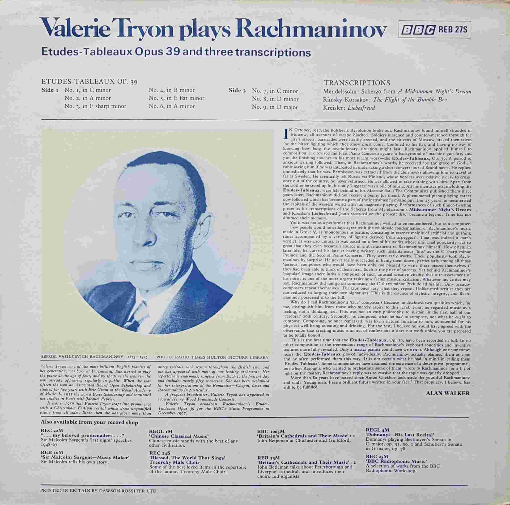 Picture of REB 27 Valerie Tryon plays Rachmaninov by artist Rachmaninov / Valerie Tryon from the BBC records and Tapes library